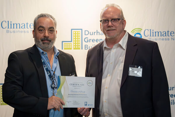 Representatives of the Township of Brock’s Cannington Fire Hall receiving award at Durham Greener Homes Evening of Recognition