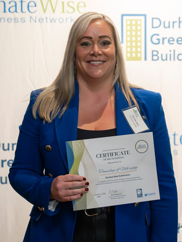 Representative of Uxbridge receiving award at Durham Greener Homes Evening of Recognition